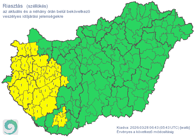 H&eacute;t v&aacute;rmegy&eacute;re adtak ki riaszt&aacute;st viharos sz&eacute;l miatt